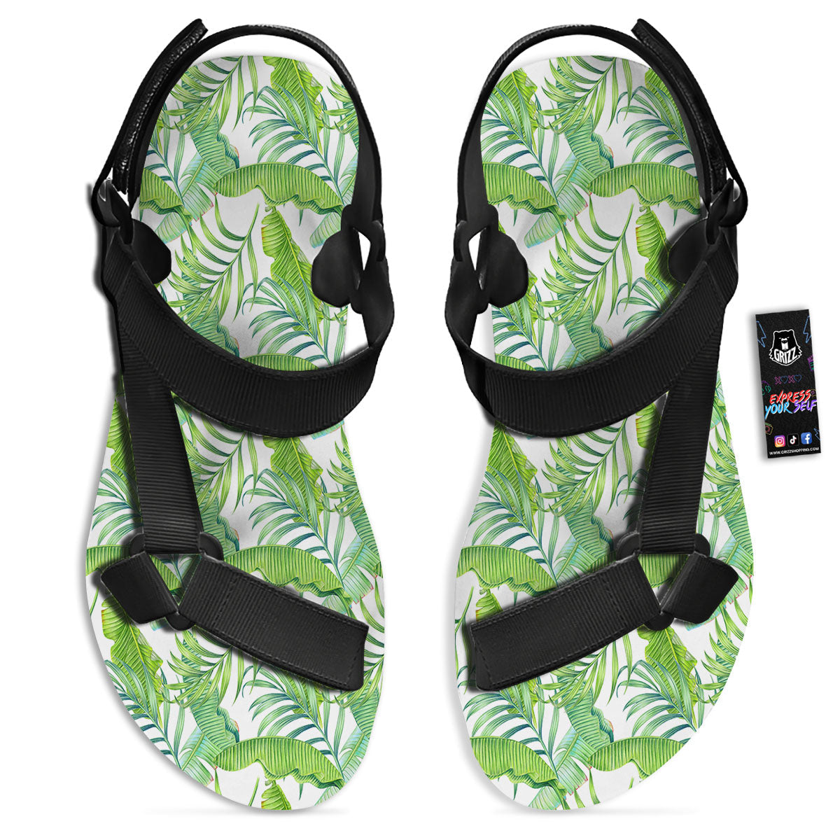 Banana Leave Palm Tree Print Pattern Black Open Toe Sandals-grizzshop