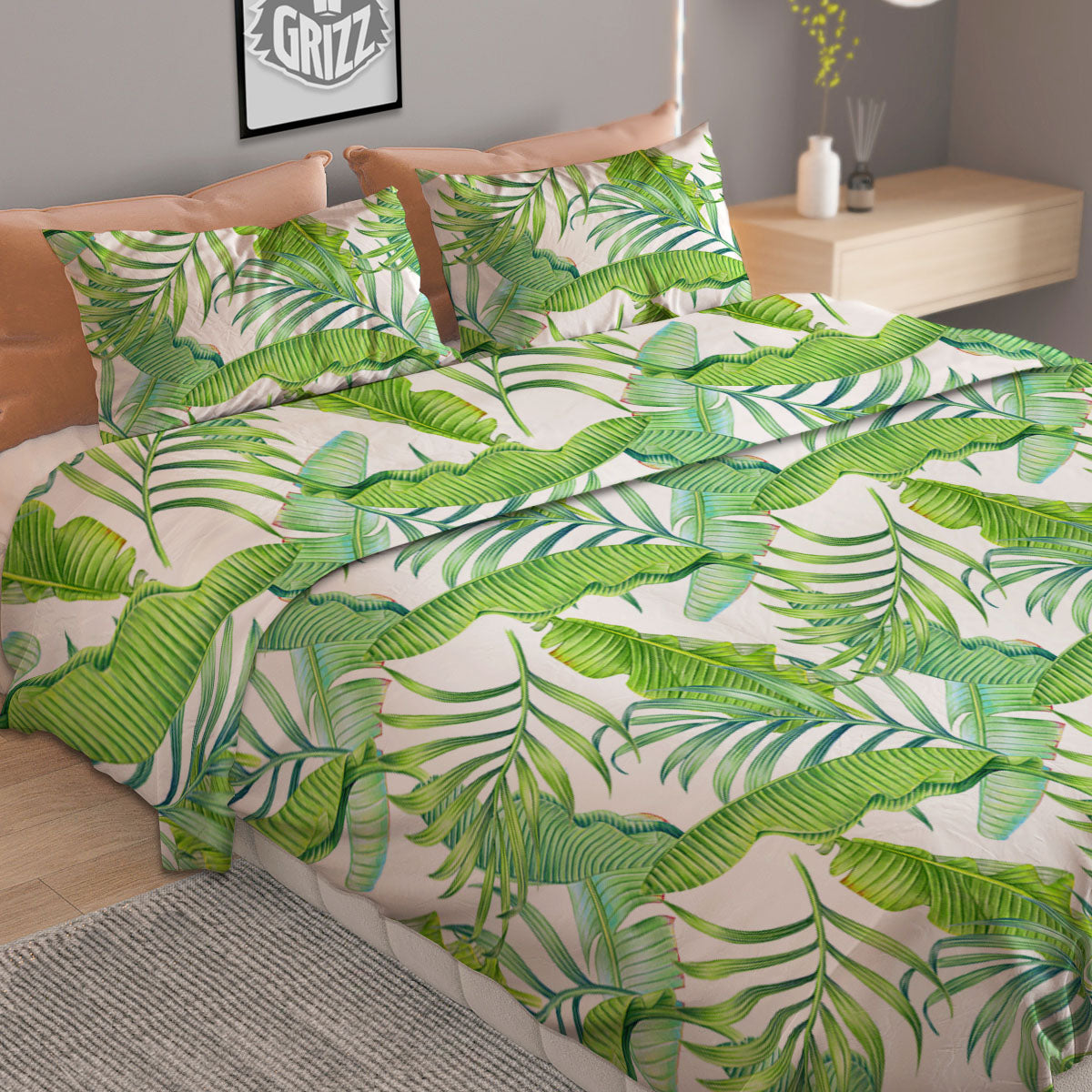 Banana Leave Palm Tree Print Pattern Duvet Cover Bedding Set