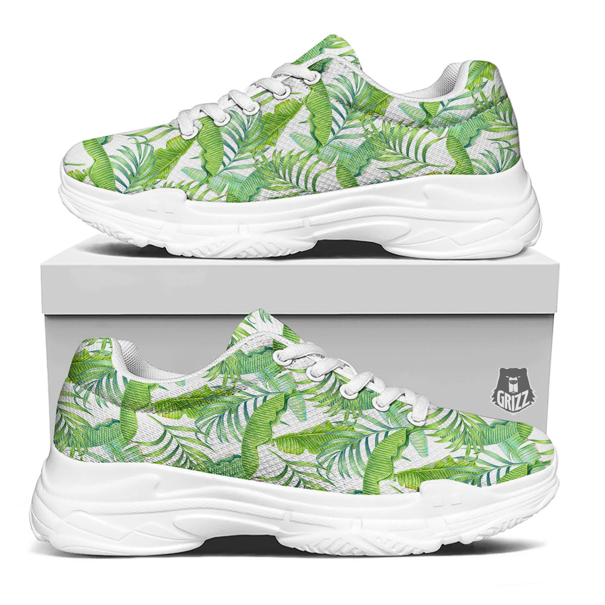 Banana Leave Palm Tree Print Pattern White Chunky Shoes-grizzshop