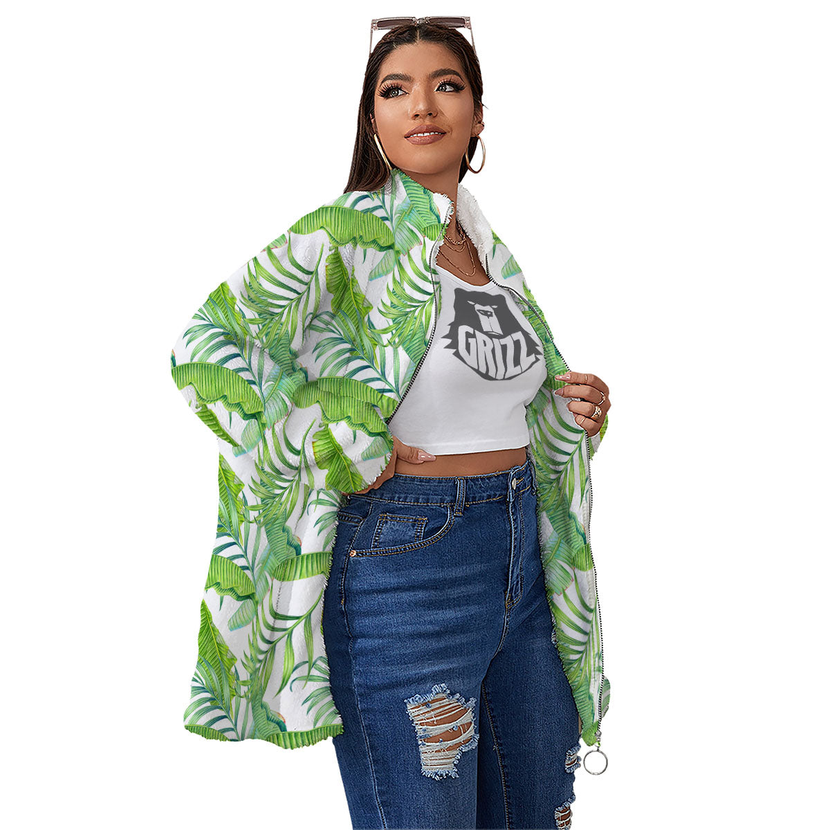 Banana Leave Palm Tree Print Pattern Women's Sherpa Jacket-grizzshop