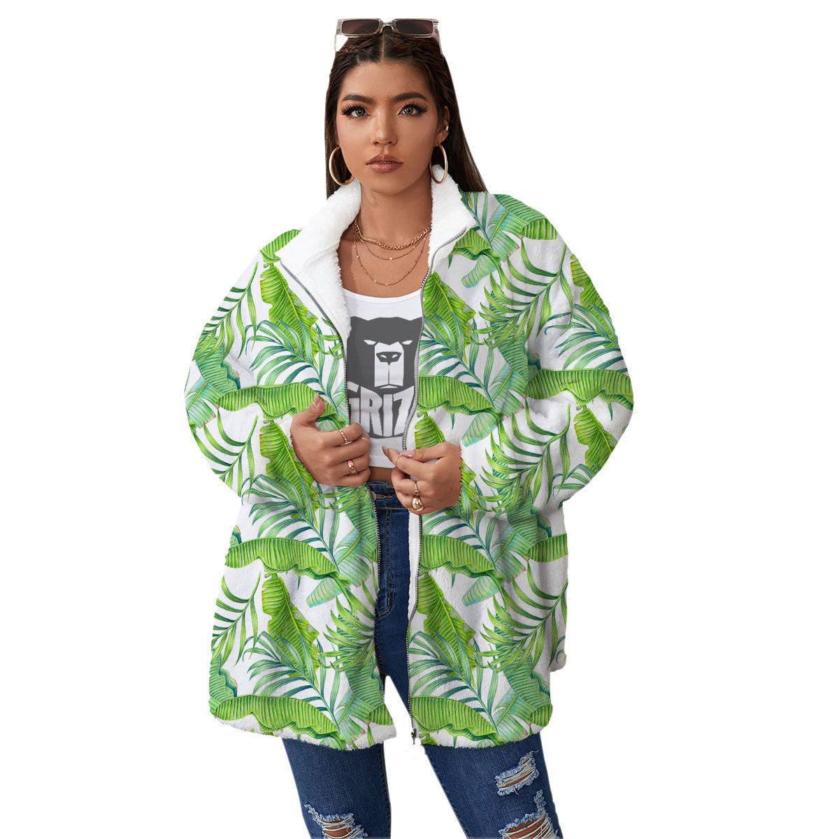 Banana Leave Palm Tree Print Pattern Women's Sherpa Jacket-grizzshop
