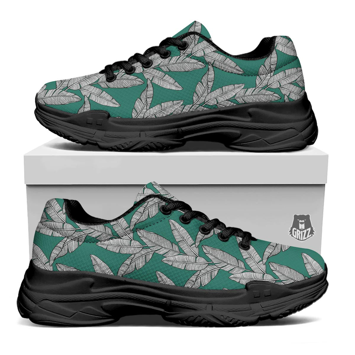 Banana Leaves Teal Print Pattern Black Chunky Shoes-grizzshop