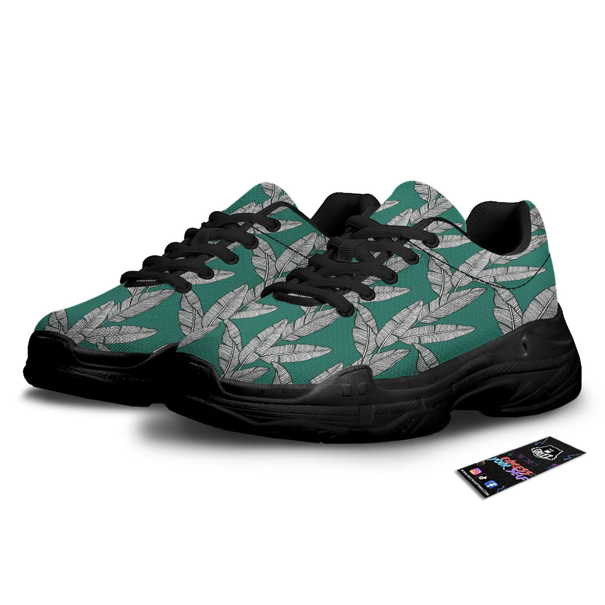 Banana Leaves Teal Print Pattern Black Chunky Shoes-grizzshop
