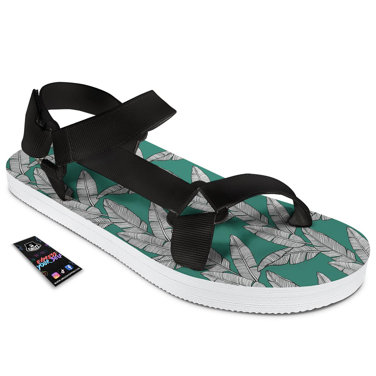 Banana Leaves Teal Print Pattern Black Open Toe Sandals-grizzshop