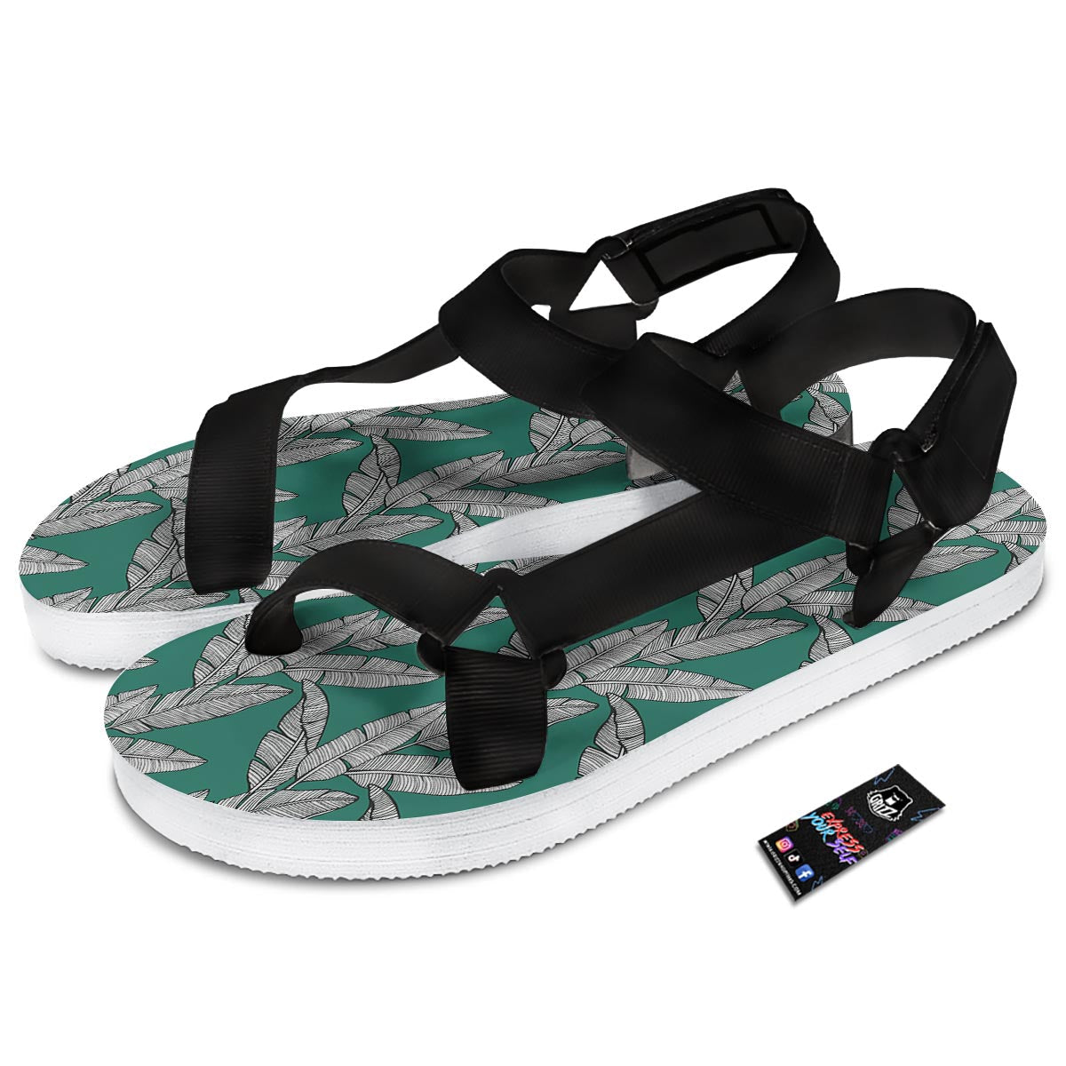 Banana Leaves Teal Print Pattern Black Open Toe Sandals-grizzshop