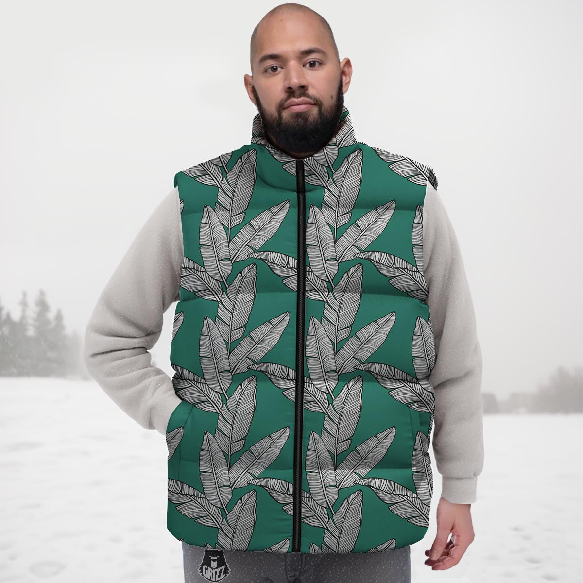 Banana Leaves Teal Print Pattern Down Vest
