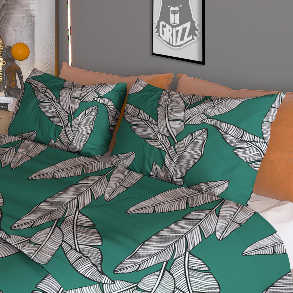 Banana Leaves Teal Print Pattern Duvet Cover Bedding Set
