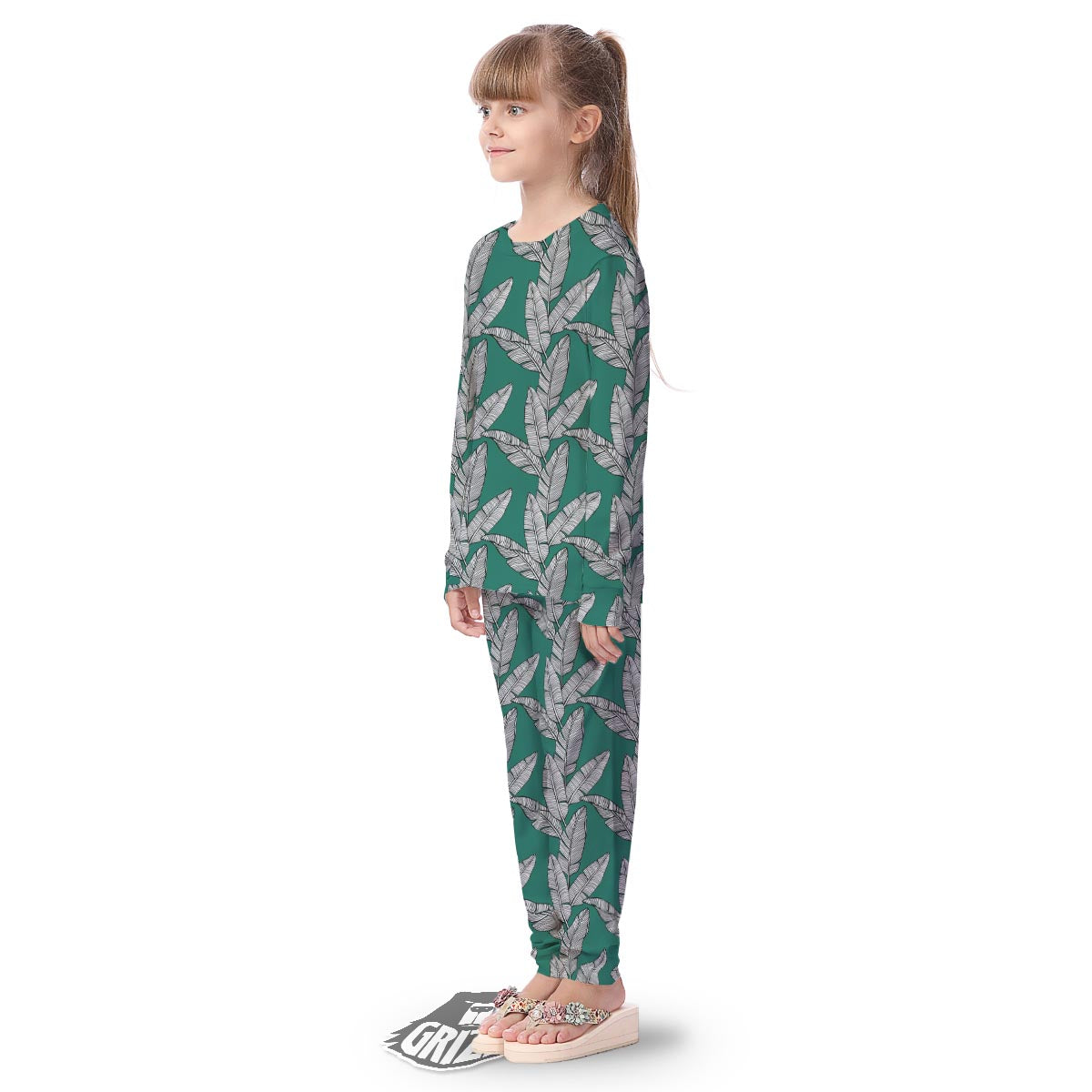 Banana Leaves Teal Print Pattern Kid's Pajamas-grizzshop