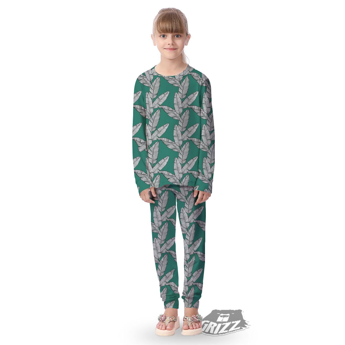 Banana Leaves Teal Print Pattern Kid's Pajamas-grizzshop