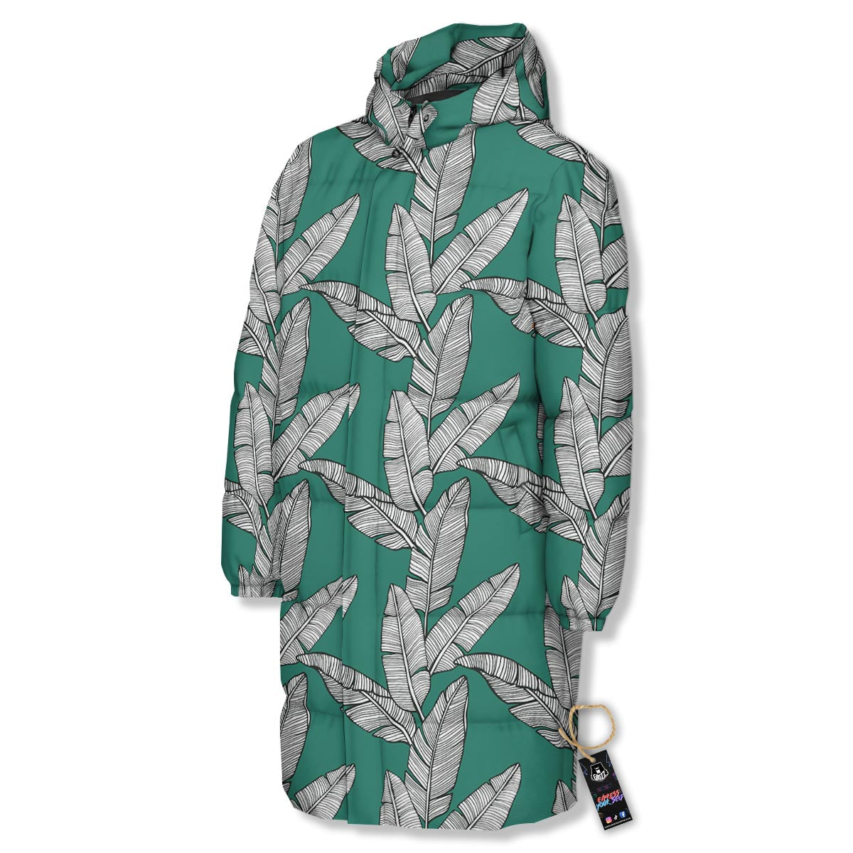 Banana Leaves Teal Print Pattern Long Down Jacket-grizzshop