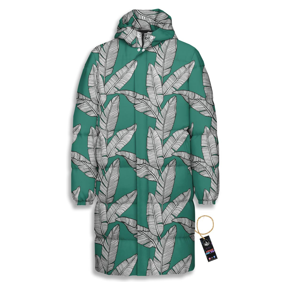 Banana Leaves Teal Print Pattern Long Down Jacket-grizzshop