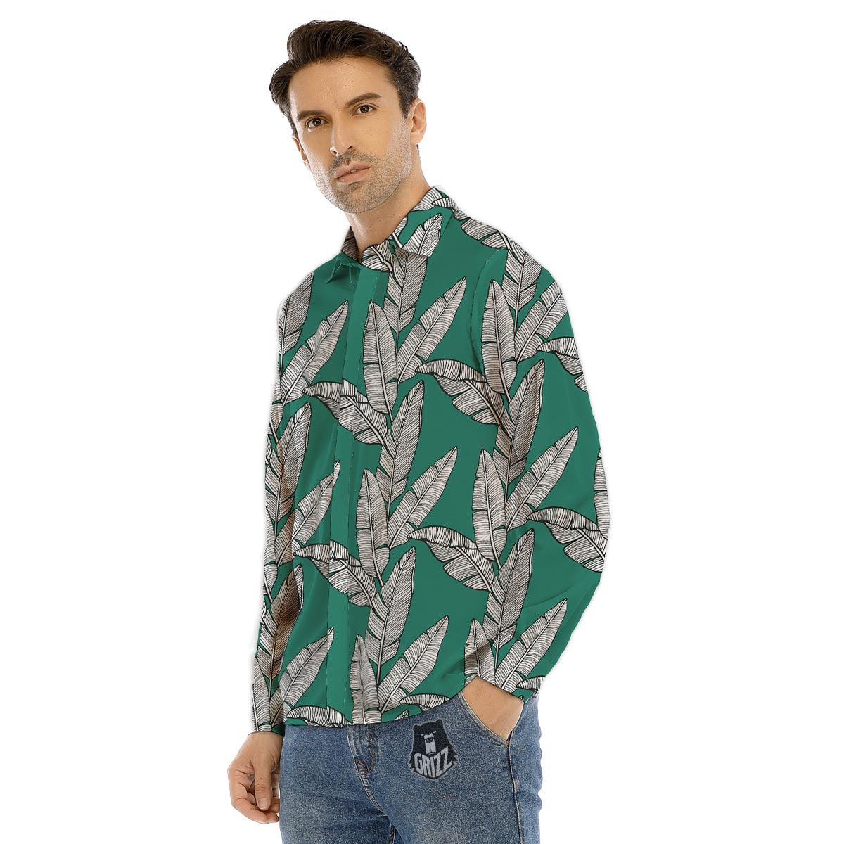 Banana Leaves Teal Print Pattern Men's Dress Shirts-grizzshop