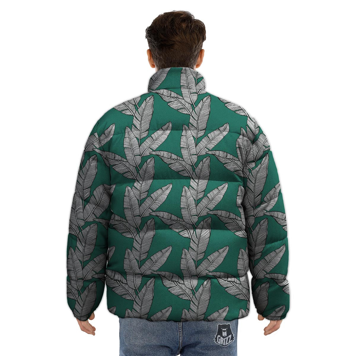 Banana Leaves Teal Print Pattern Puffer Jacket-grizzshop
