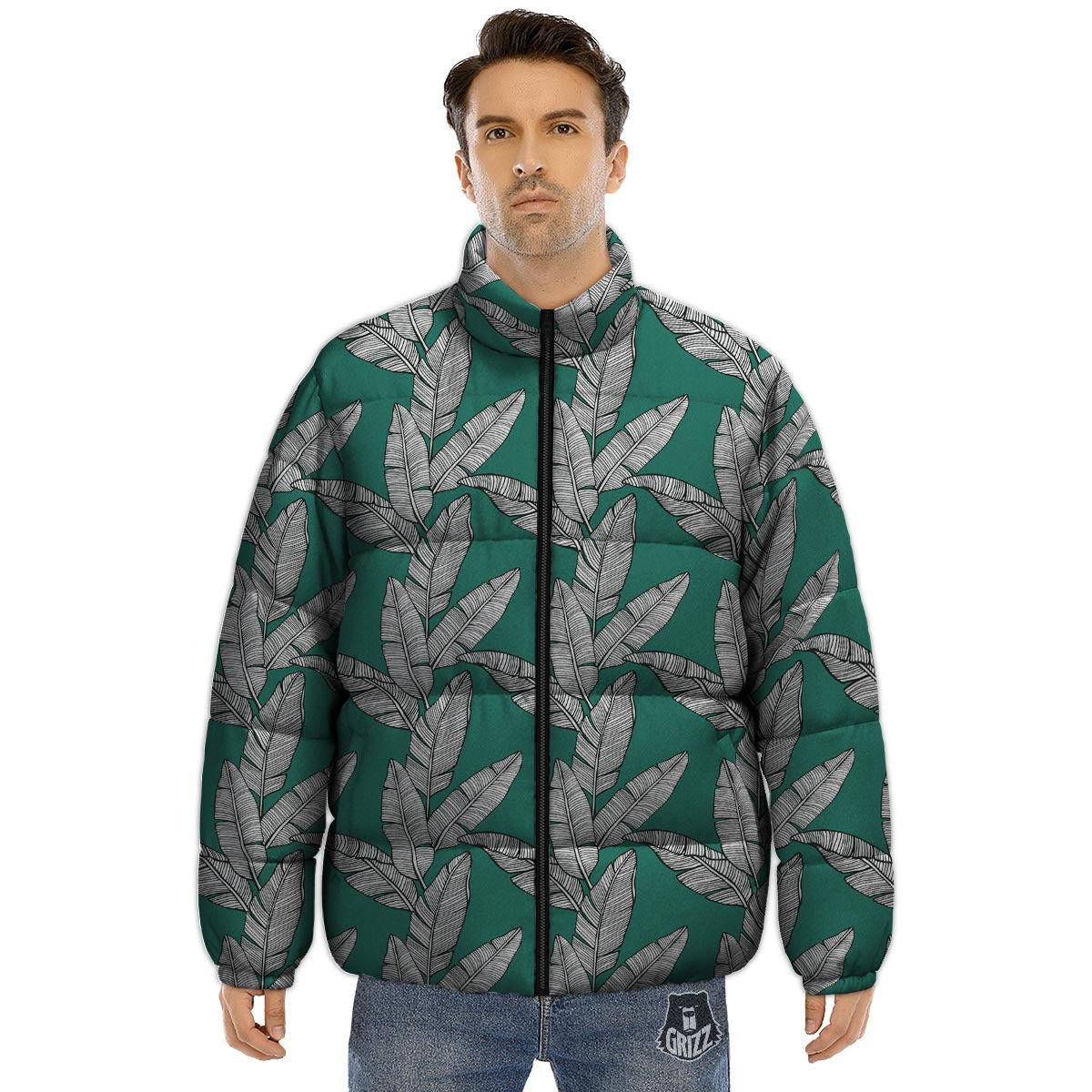 Banana Leaves Teal Print Pattern Puffer Jacket-grizzshop