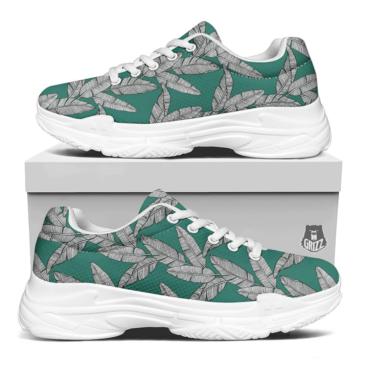 Banana Leaves Teal Print Pattern White Chunky Shoes-grizzshop
