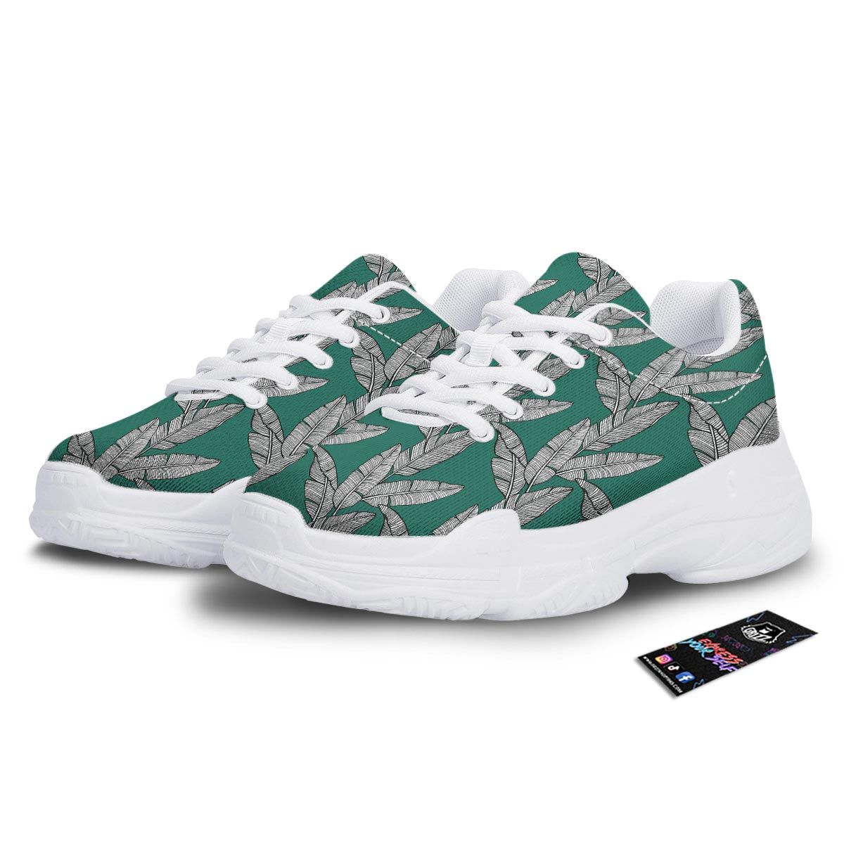 Banana Leaves Teal Print Pattern White Chunky Shoes-grizzshop