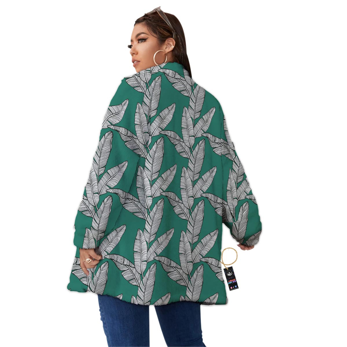 Banana Leaves Teal Print Pattern Women's Sherpa Jacket-grizzshop