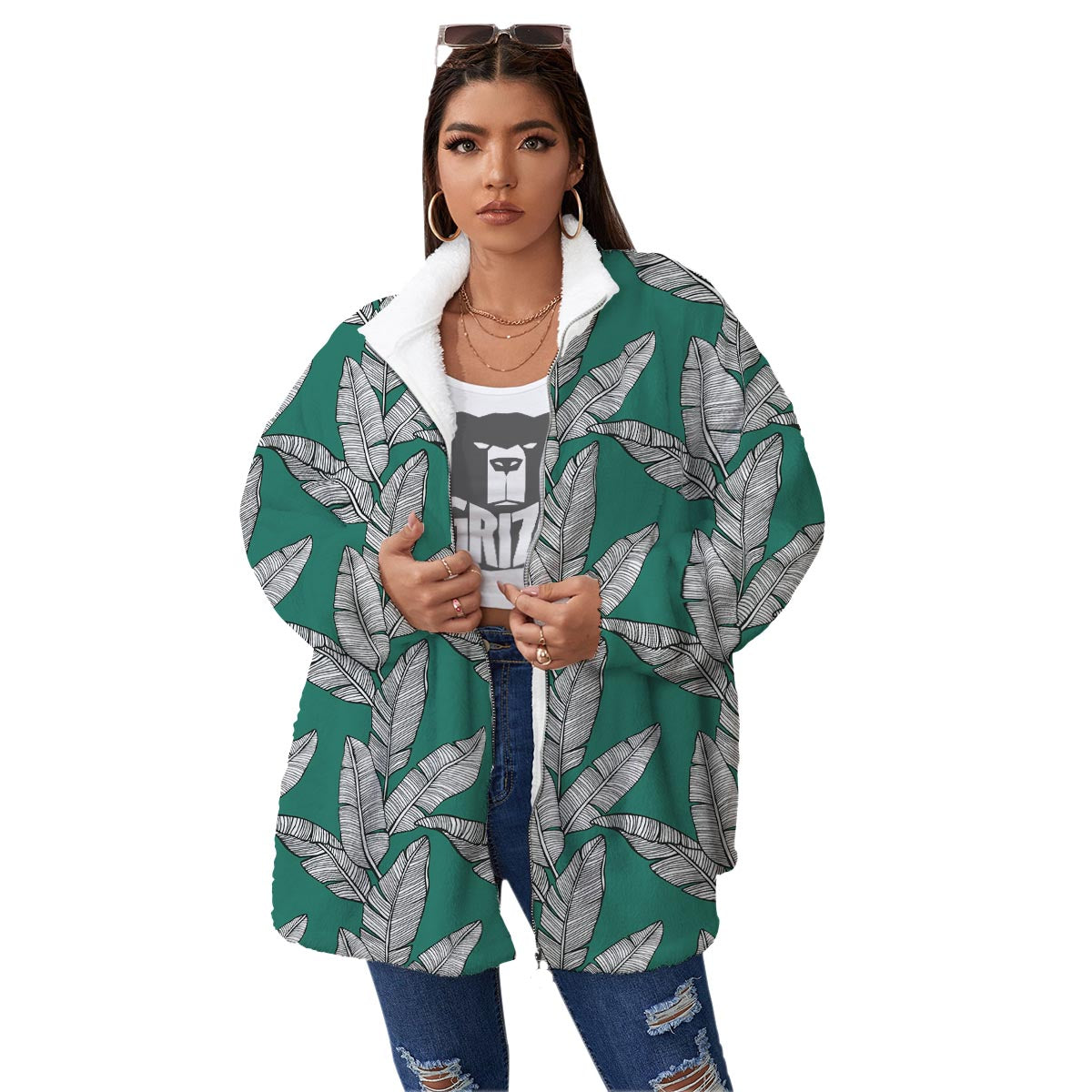 Banana Leaves Teal Print Pattern Women's Sherpa Jacket-grizzshop