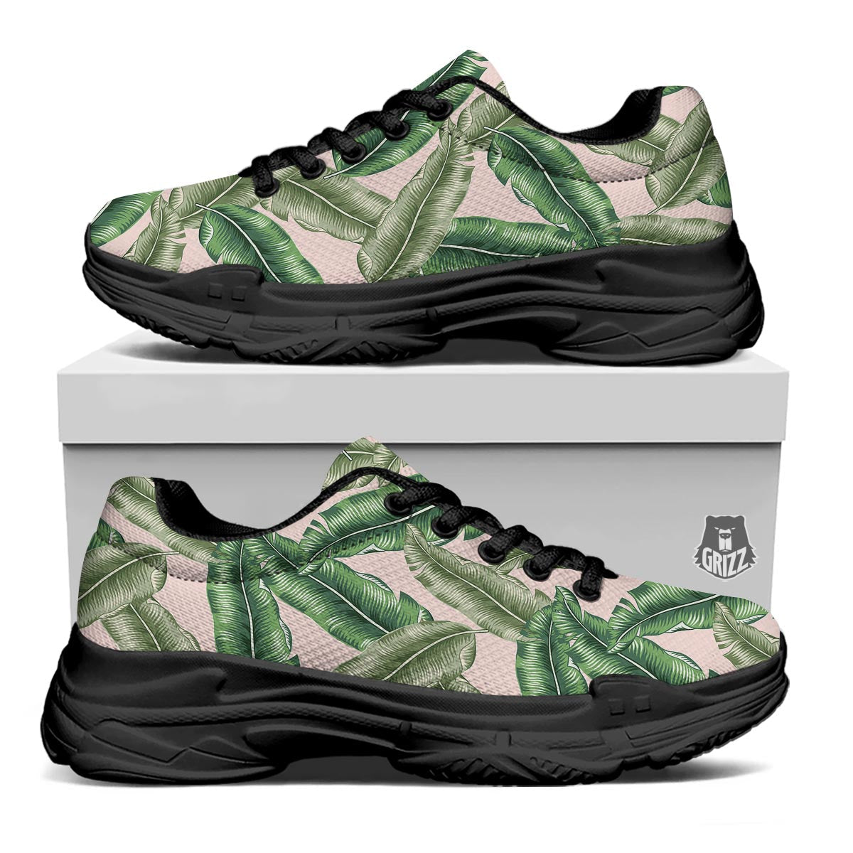Banana Leaves Tropical Print Pattern Black Chunky Shoes-grizzshop