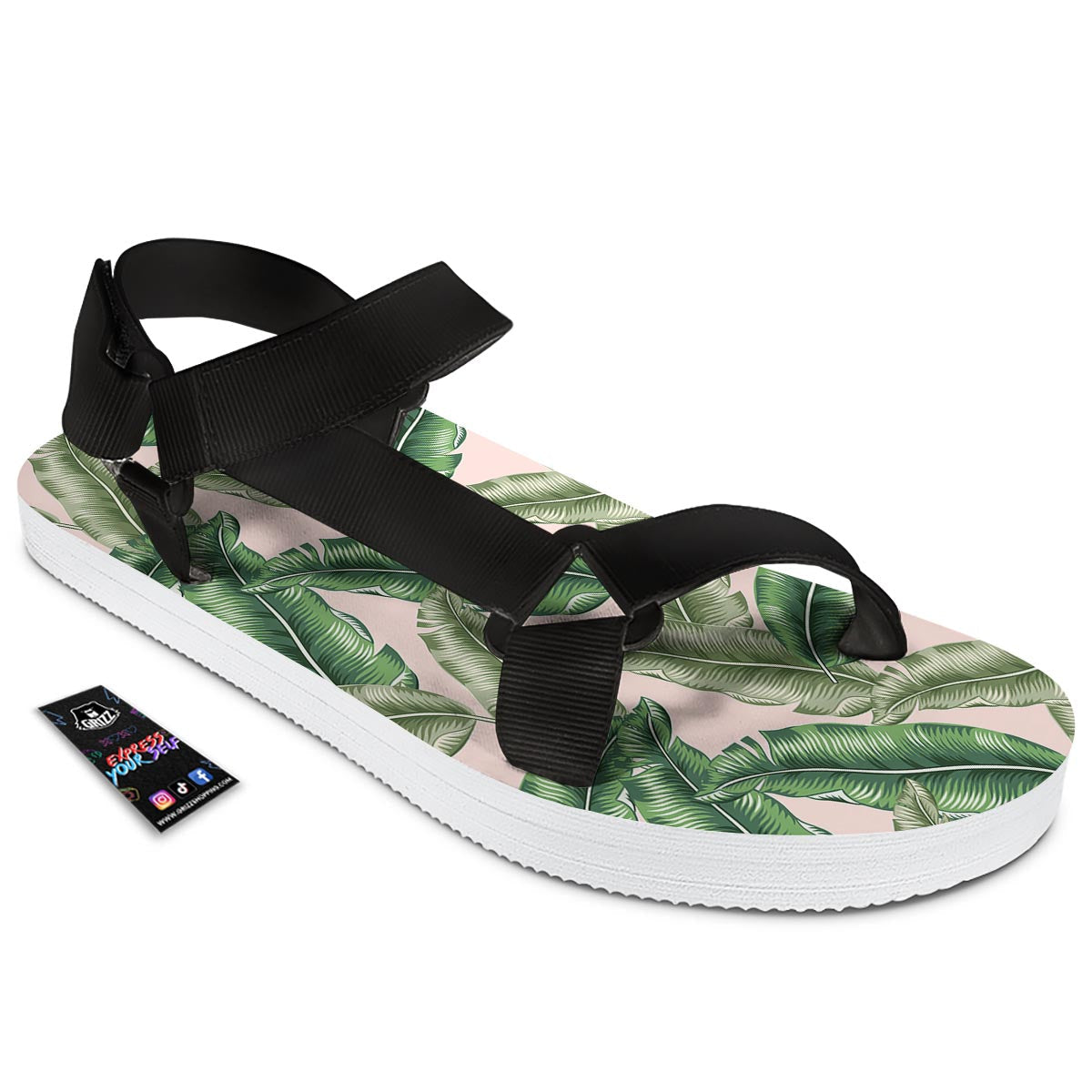 Banana Leaves Tropical Print Pattern Black Open Toe Sandals-grizzshop