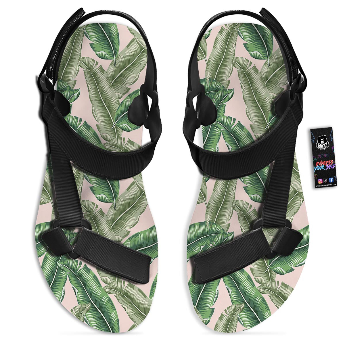 Banana Leaves Tropical Print Pattern Black Open Toe Sandals-grizzshop