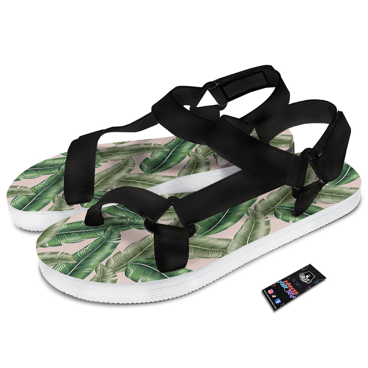 Banana Leaves Tropical Print Pattern Black Open Toe Sandals-grizzshop