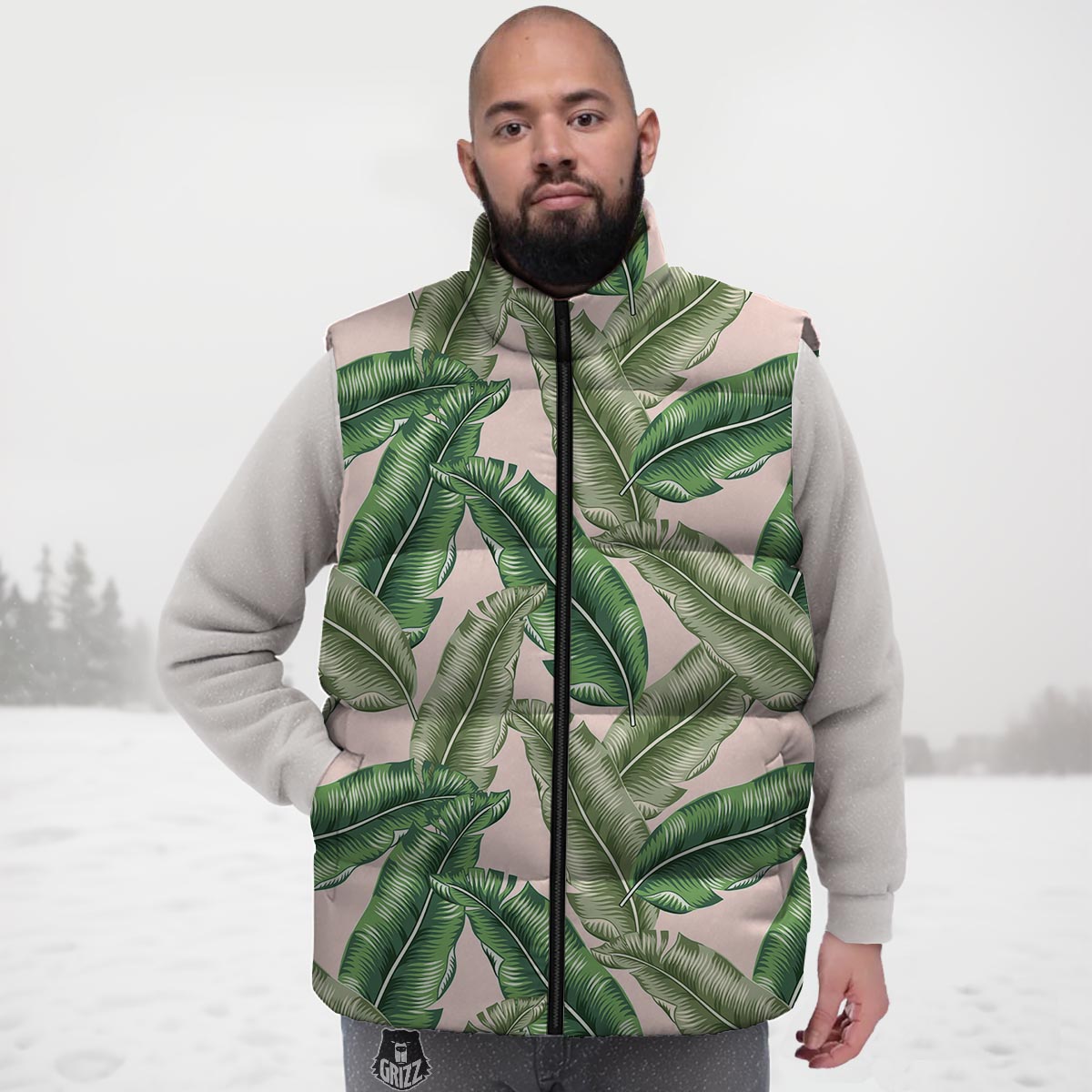 Banana Leaves Tropical Print Pattern Down Vest