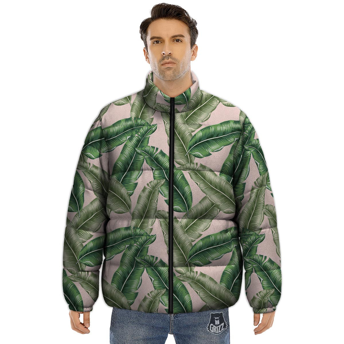 Banana Leaves Tropical Print Pattern Puffer Jacket-grizzshop