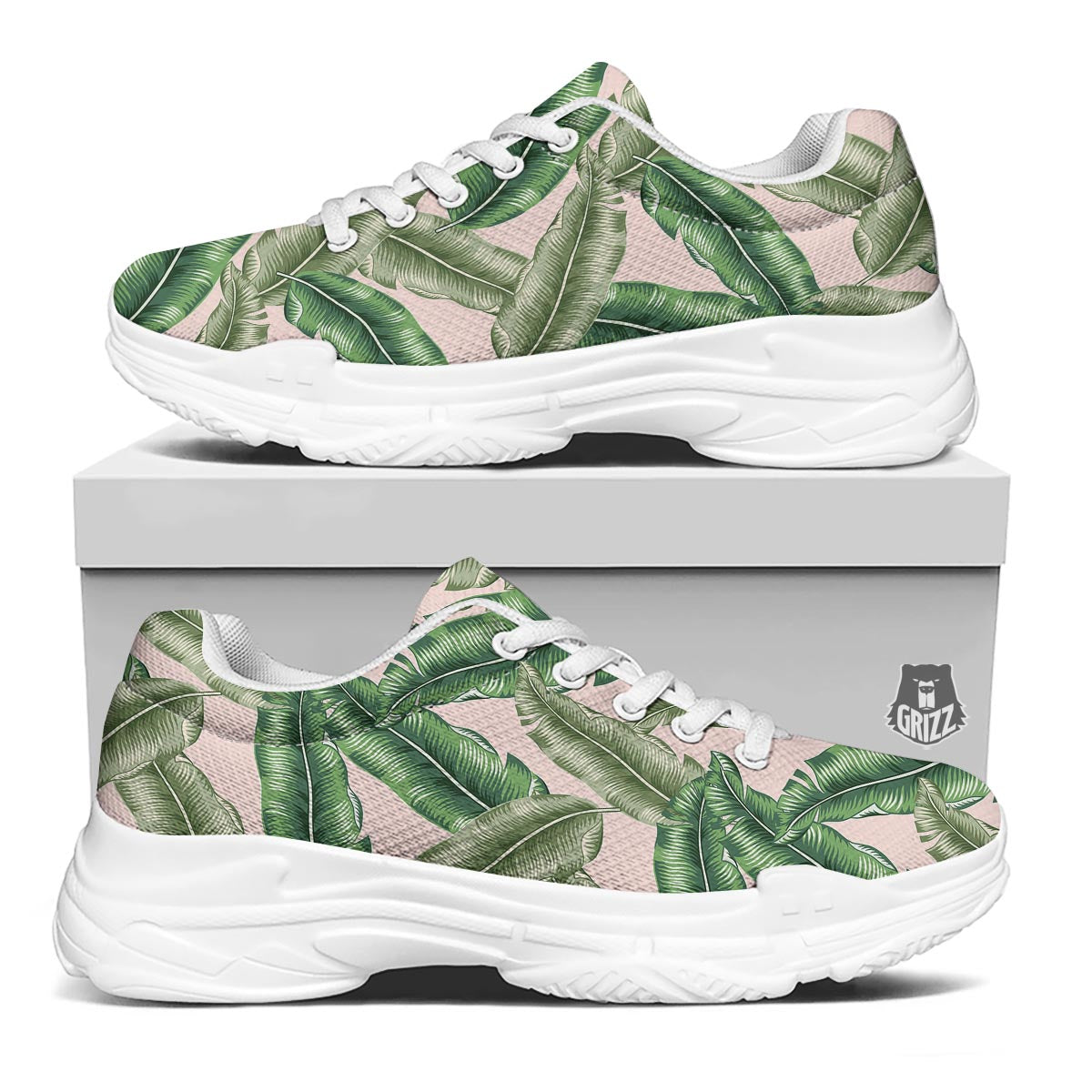 Banana Leaves Tropical Print Pattern White Chunky Shoes-grizzshop