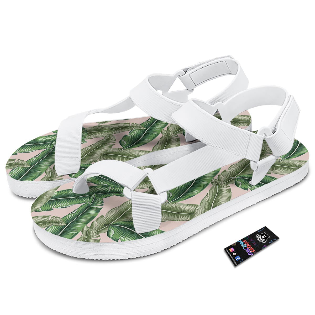 Banana Leaves Tropical Print Pattern White Open Toe Sandals-grizzshop