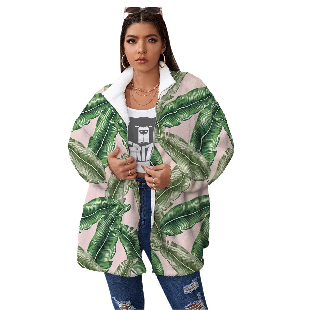 Banana Leaves Tropical Print Pattern Women's Sherpa Jacket-grizzshop