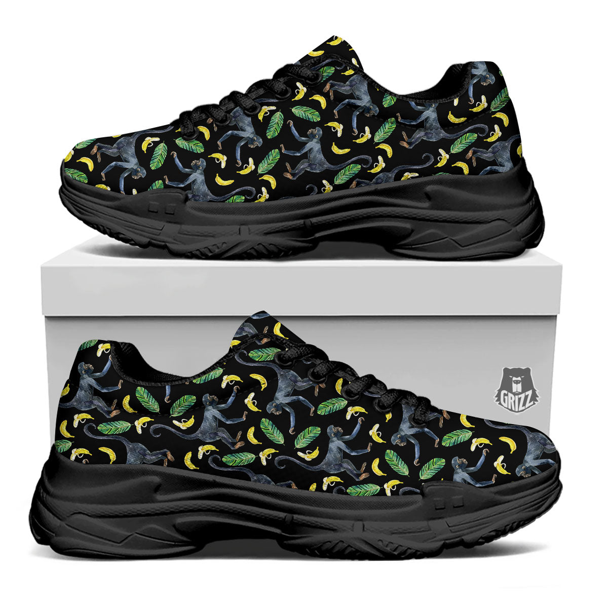 Banana Monkey Pattern Pattern Black Chunky Shoes-grizzshop
