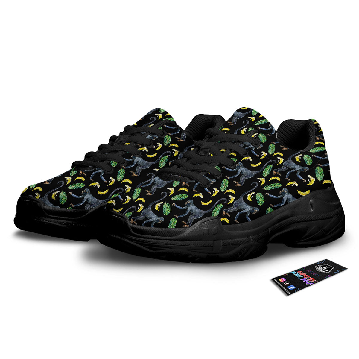 Banana Monkey Pattern Pattern Black Chunky Shoes-grizzshop