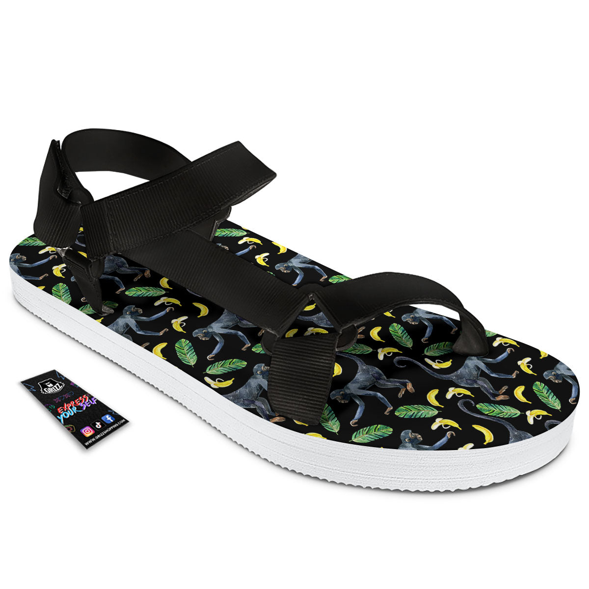 Banana Monkey Pattern Pattern Black Open Toe Sandals-grizzshop