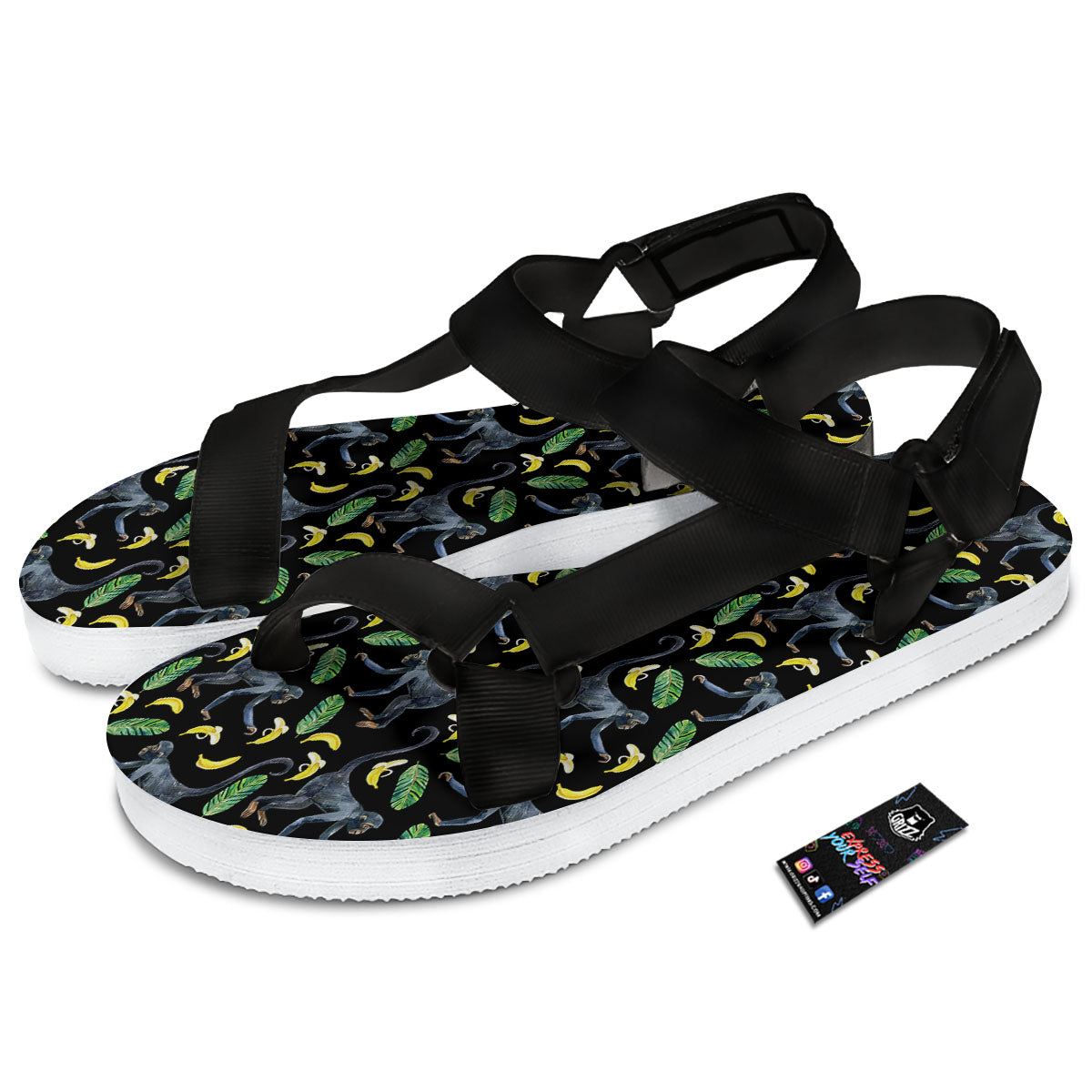 Banana Monkey Pattern Pattern Black Open Toe Sandals-grizzshop