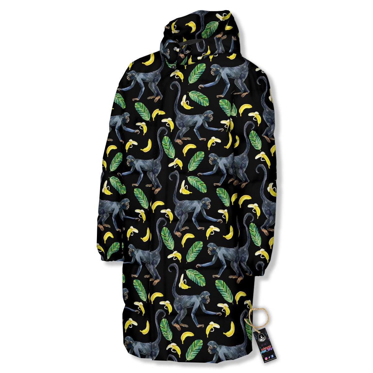 Banana Monkey Pattern Pattern Long Down Jacket-grizzshop