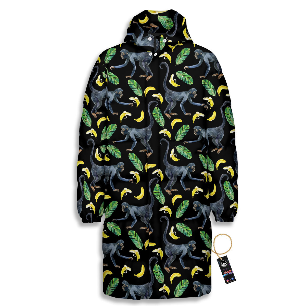Banana Monkey Pattern Pattern Long Down Jacket-grizzshop