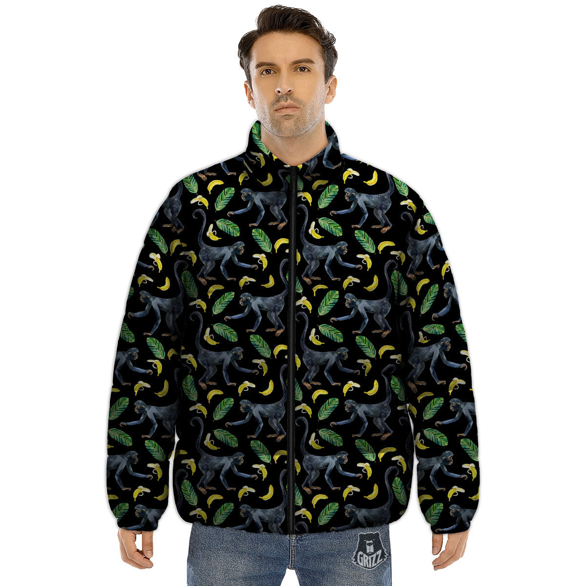 Banana Monkey Pattern Pattern Puffer Jacket-grizzshop