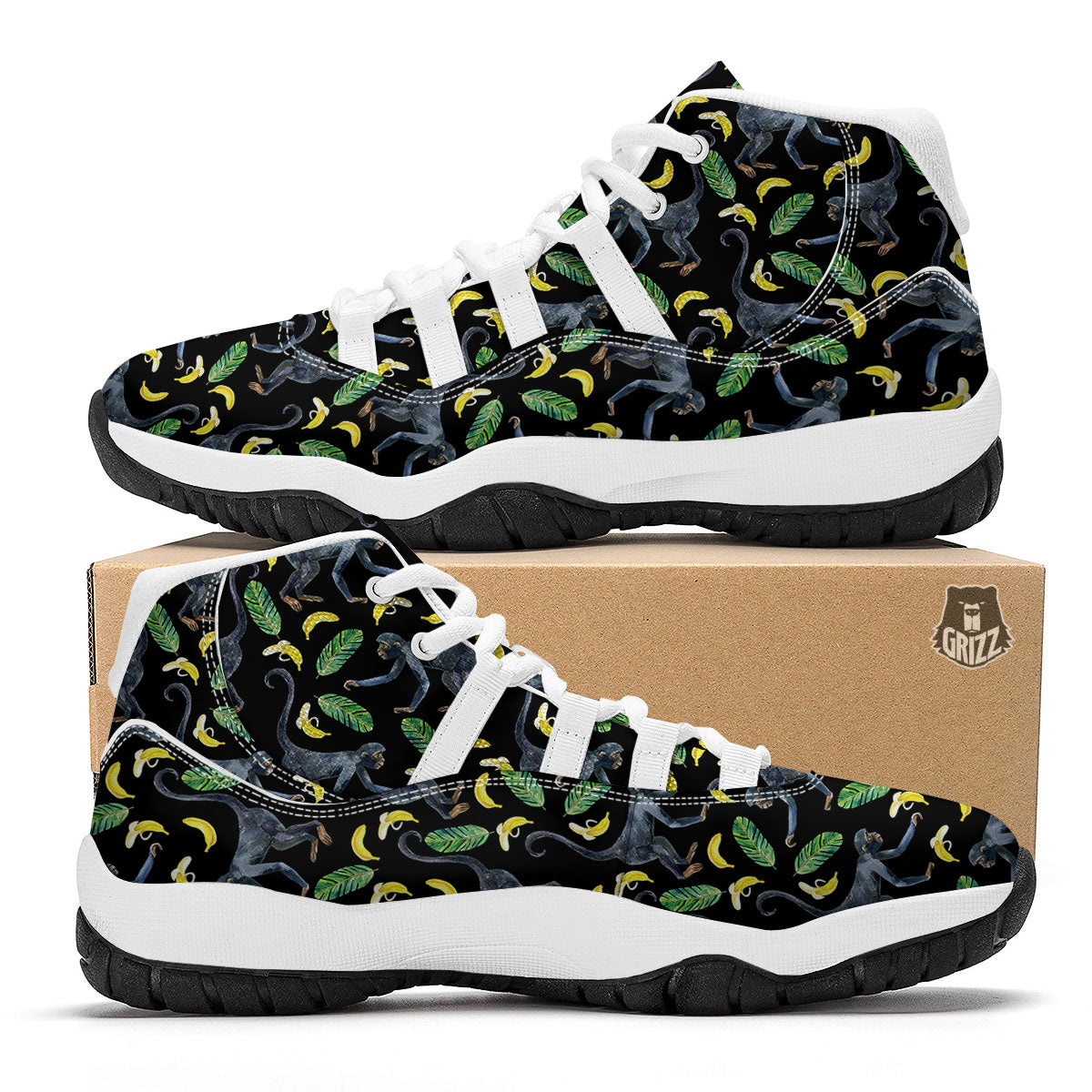 Banana Monkey Pattern Pattern White Bball Shoes-grizzshop