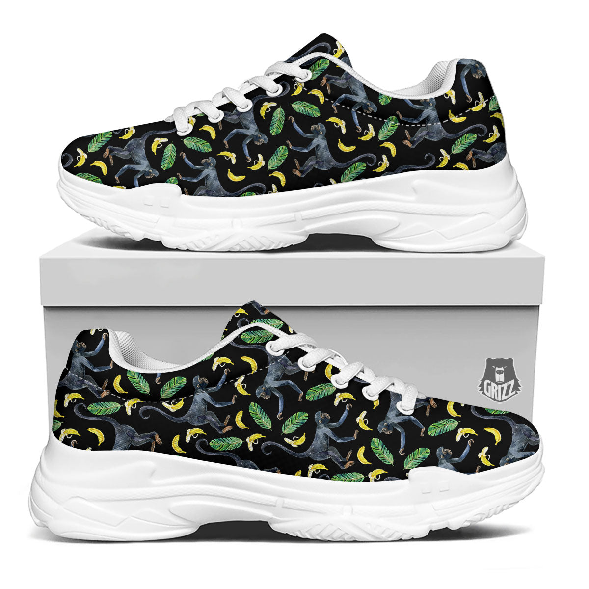 Banana Monkey Pattern Pattern White Chunky Shoes-grizzshop