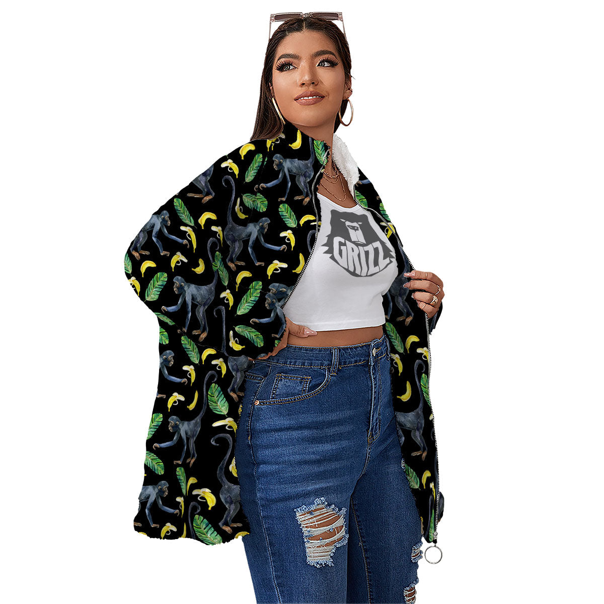 Banana Monkey Pattern Pattern Women's Sherpa Jacket-grizzshop