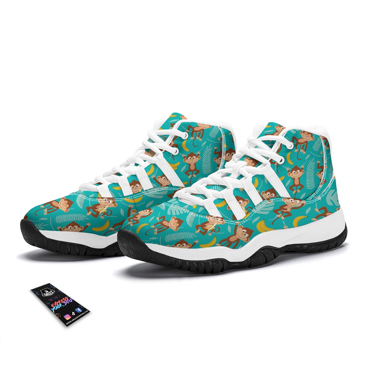 Banana Monkey Pattern Print White Bball Shoes-grizzshop