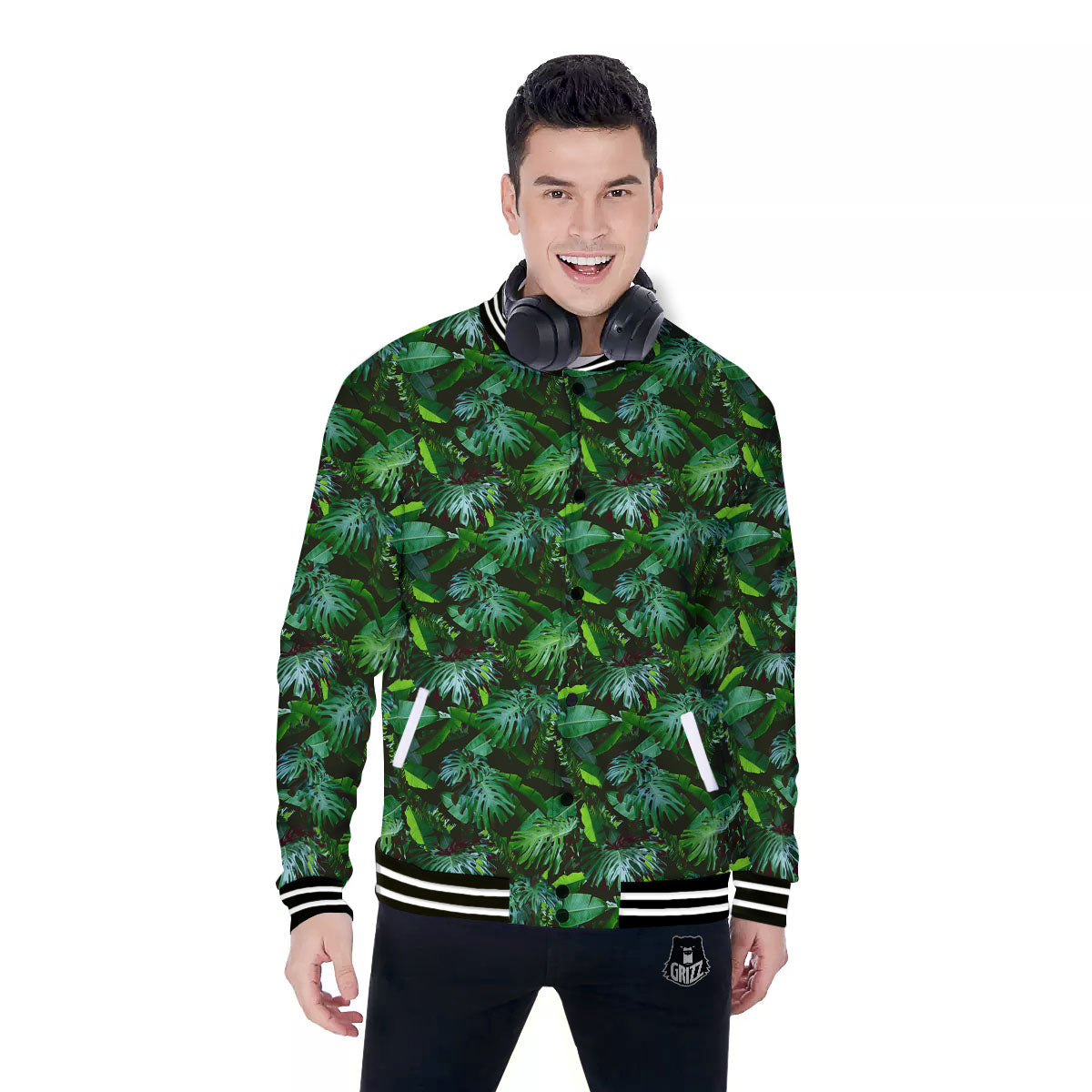 Banana Palm Leaf Green Tropical Print Baseball Jacket-grizzshop