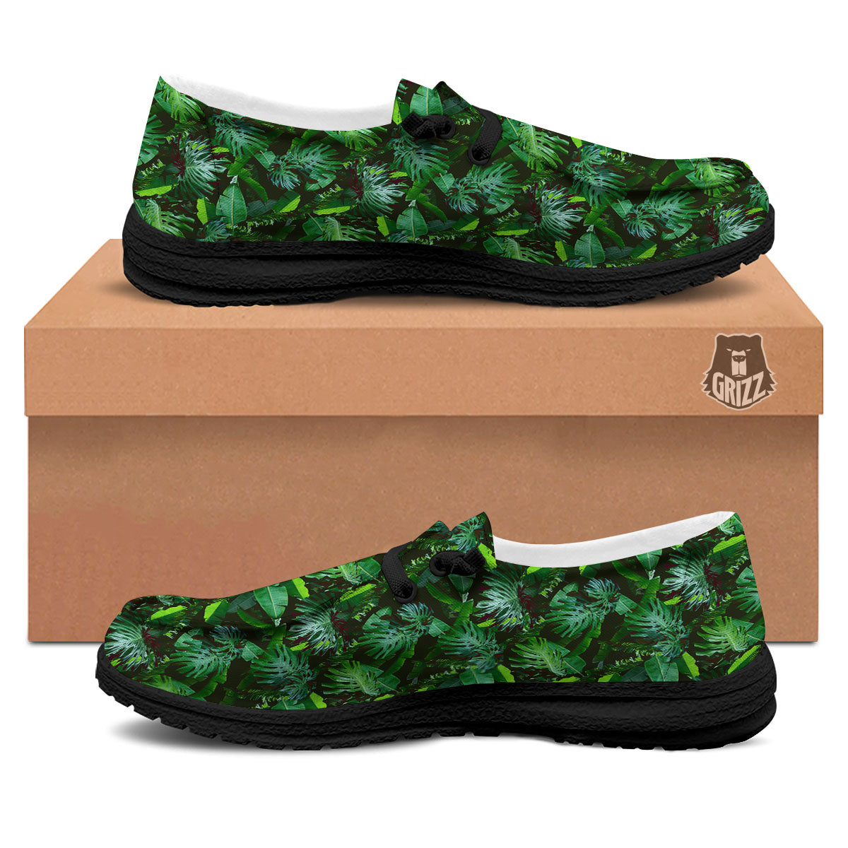 Banana Palm Leaf Green Tropical Print Black Loafers-grizzshop