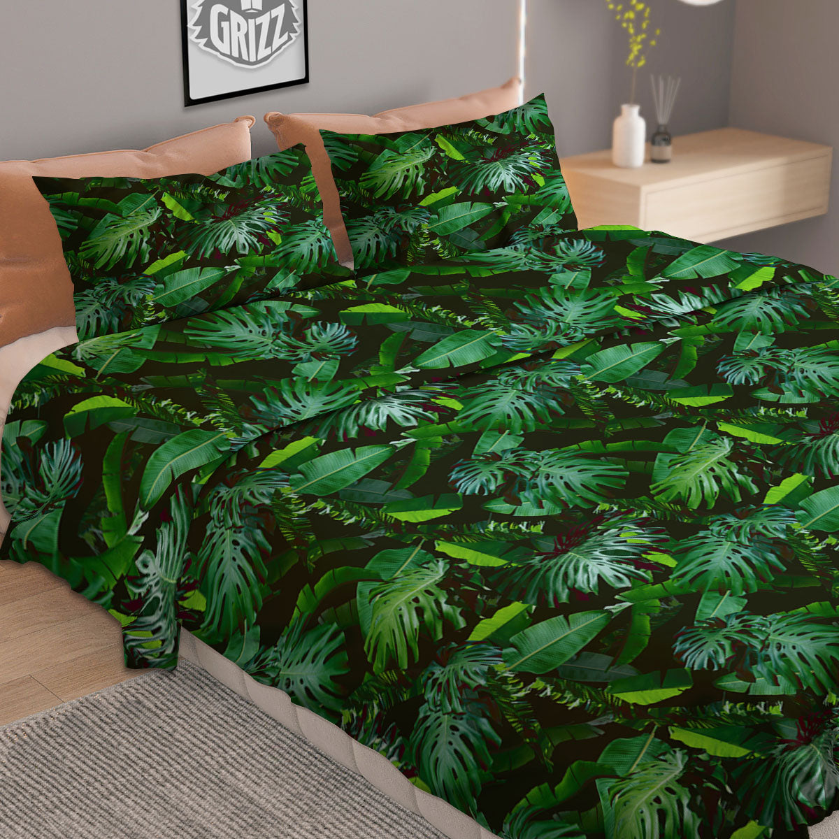 Banana Palm Leaf Green Tropical Print Duvet Cover Bedding Set