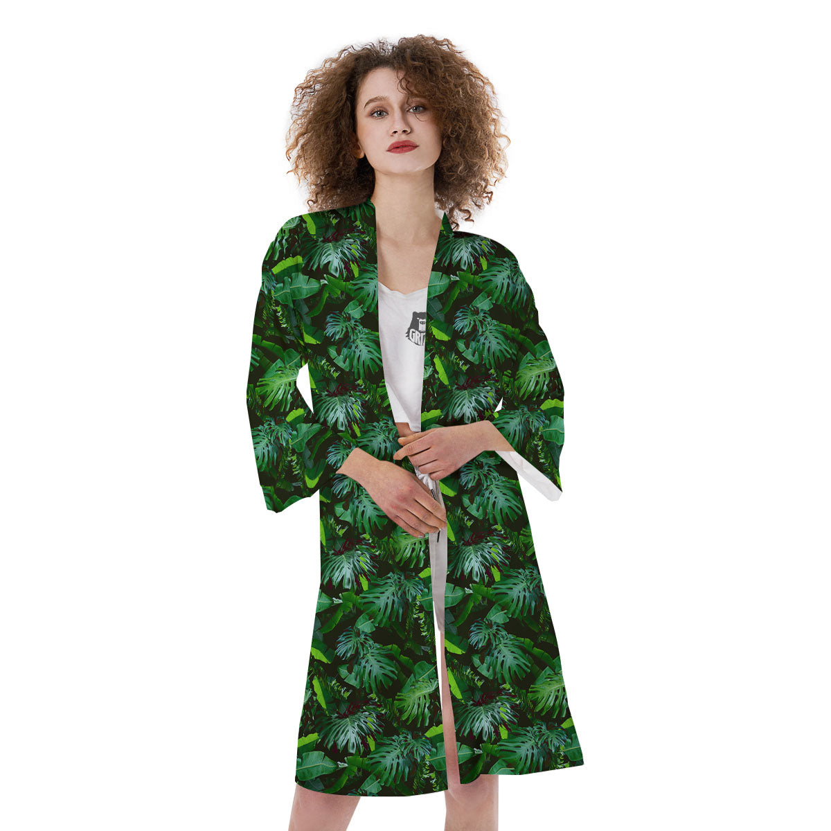 Banana Palm Leaf Green Tropical Print Kimono-grizzshop