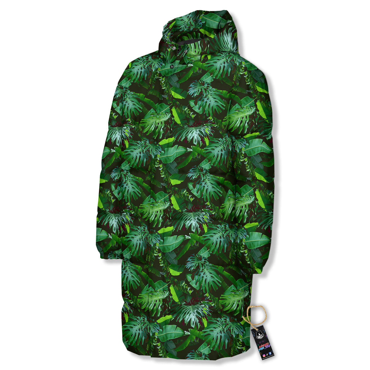 Banana Palm Leaf Green Tropical Print Long Down Jacket-grizzshop
