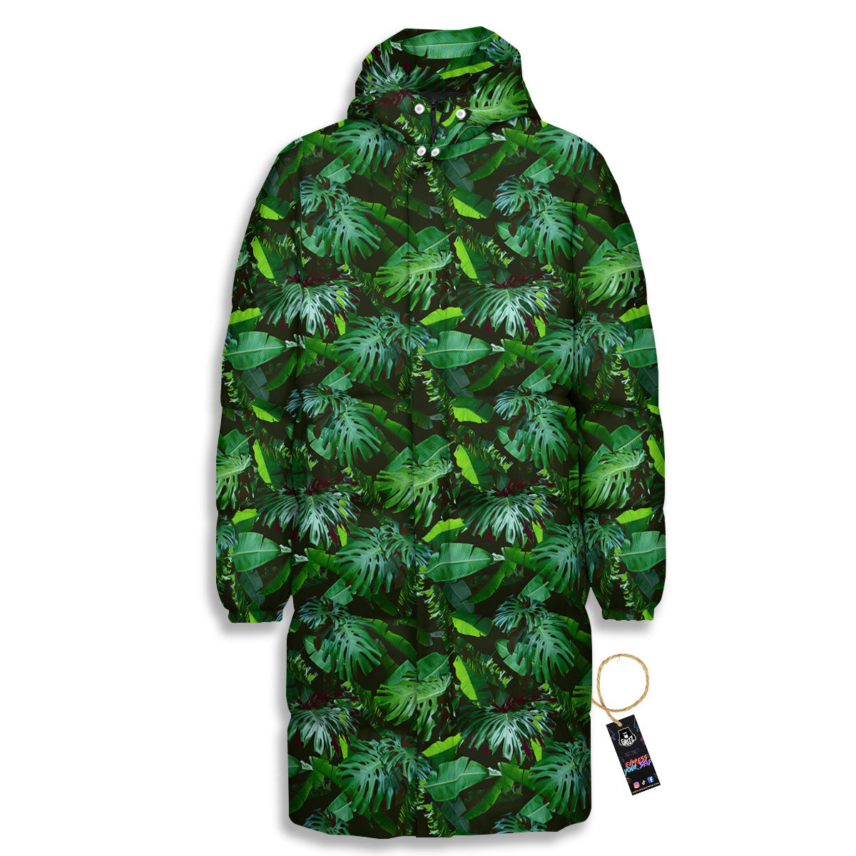Banana Palm Leaf Green Tropical Print Long Down Jacket-grizzshop