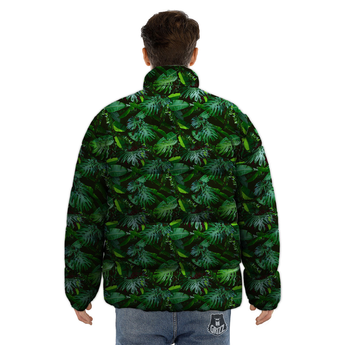 Banana Palm Leaf Green Tropical Print Puffer Jacket-grizzshop