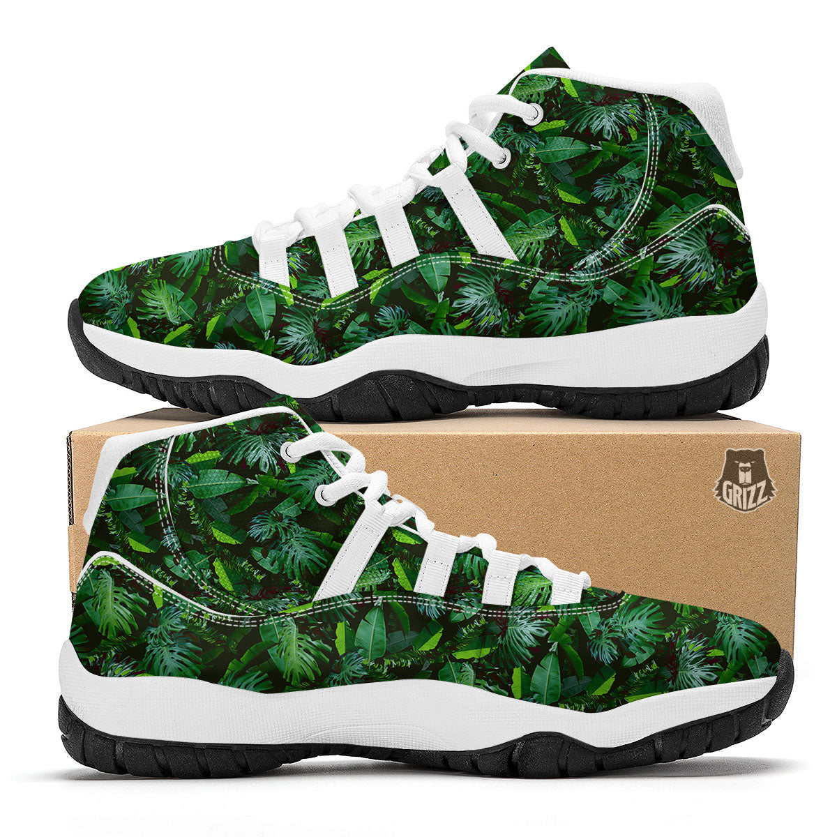 Banana Palm Leaf Green Tropical Print White Bball Shoes-grizzshop